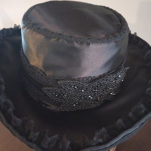 Ladies Black Satin, Lace and Beaded Victorian Style Gambler Hat Western